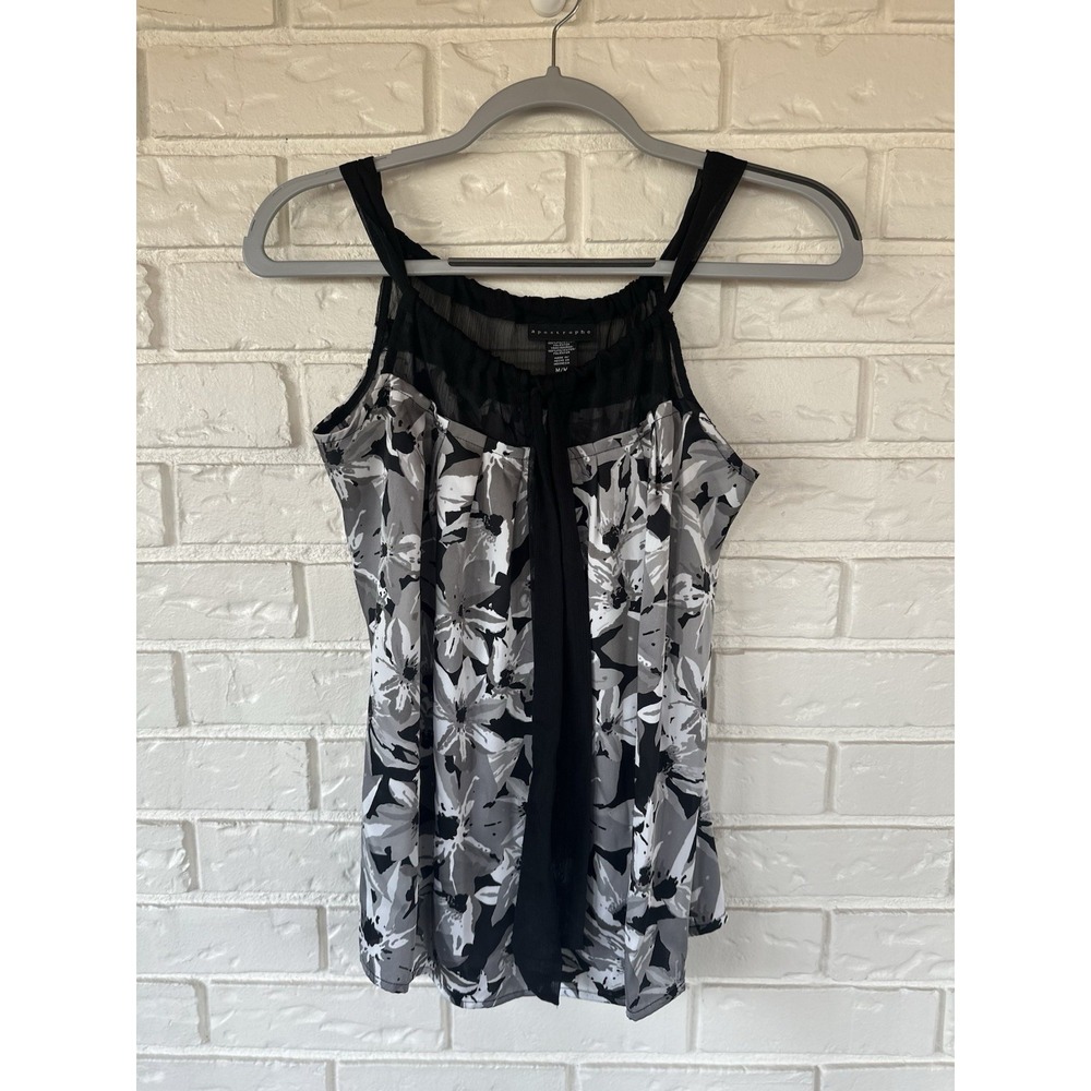 Apostrophe M Black Gray Floral Chiffon Tank Top Sheer Overlay Layered